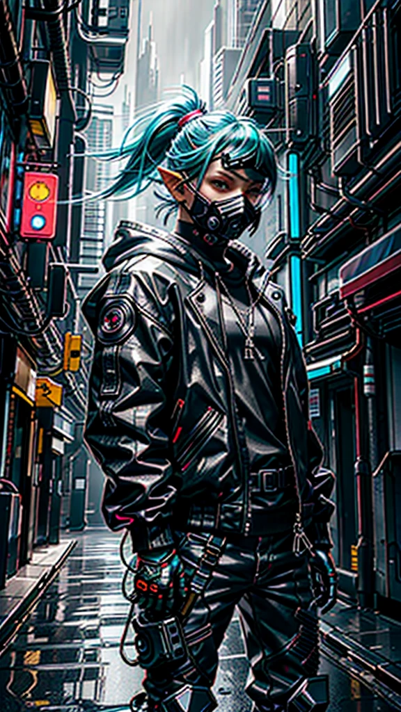 CyberpunkAI, neon, 1boy, elf, neon hair, neon eyes, ponytail hairstyle, black leather jacket,sniper rifle, hood up, sneaking, mask,goggles,