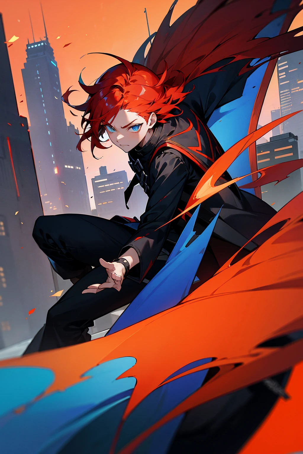 1male, blue and red hair, fiery background, icey background, split, heterochromia, black scelera, fully clothed, raggy clothing, dark city, city background, background, detailed background