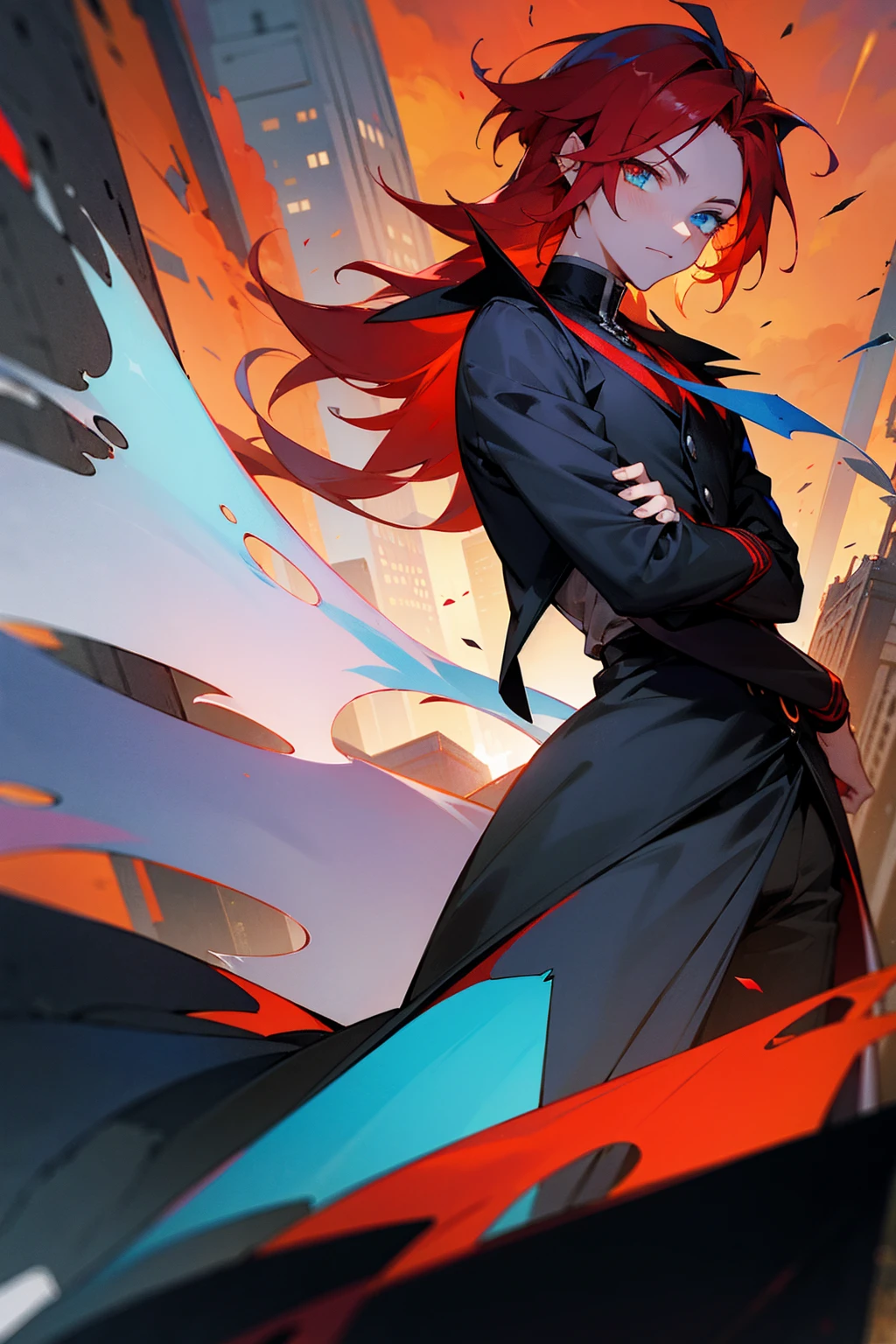 1male, blue and red hair, fiery background, icey background, split, heterochromia, black scelera, fully clothed, raggy clothing, dark city, city background, background, detailed background