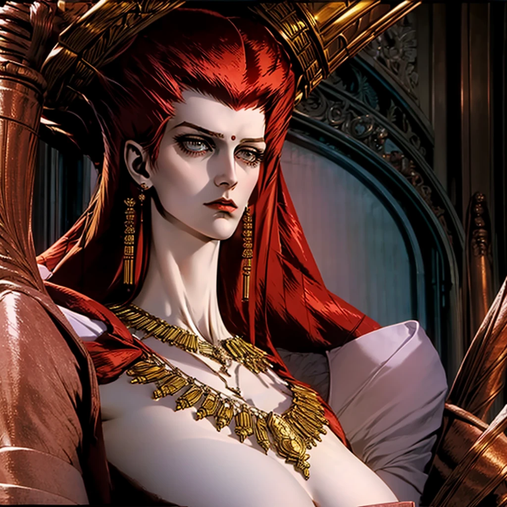 Naked,large breasts,looking at her side profile,beautiful face,long slender body,in her tomb,necklace,long dense curls of red hair,shocked and surprised