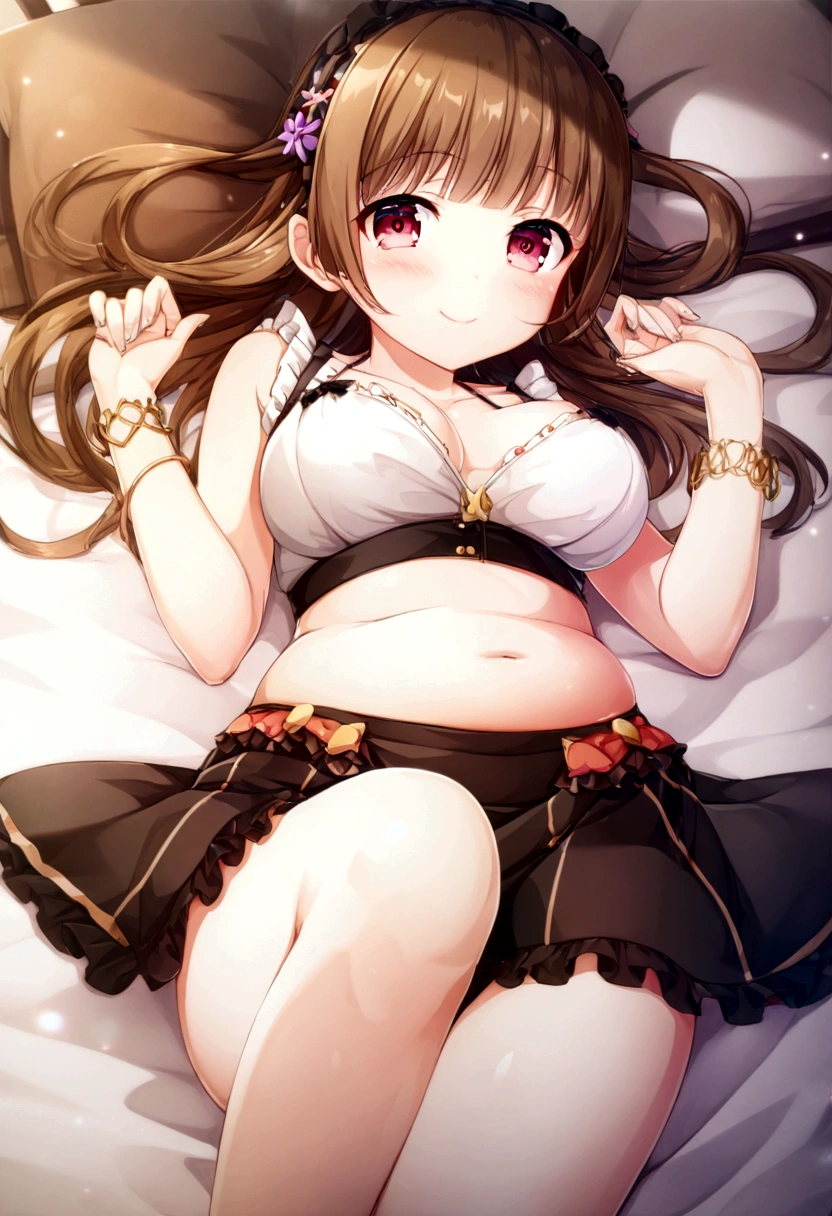 (2 young girls with long hair, Beautiful face and eyes, pink eyes, Charming smile, (Maid cafe costume with frilly breasts and wide open breasts, Pleated mini skirt:1.5), (Daikai Maid Cafe Costume:1.2), Sexy transparent underwear and panties, Miniskirt turned inside out、Underwear half exposed、Show belly button、 Extra large breasts、(very pretty girl), With pendants and bracelets、brown hair, Fashion hair accessories quality:1.4), (Extremely detailed), (Extremely detailed CG unified 8k wallpaper), Very detailed, High-resolution original color photos, Professional photography, Depth of Field, (Lie flat on your bed)