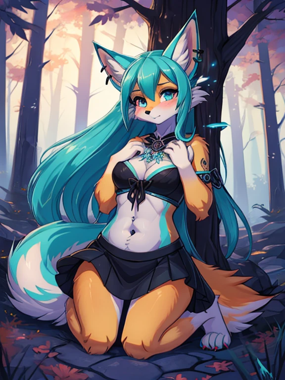 Chica anime, anime style, cute hatsune miku x suicune, shy girl , Orejas de Kitsune, arte de dark natasha, autum forest landscape, arte de vixen aztra, cuerpo completo, patas hermosas, cintura delgada, caderas amplias, piernas torneadas, hermosa, foto de cuerpo completo, sensual navel blouse, black mini skirt, navel piercing, ear piercing, navel tattoo, shy pose, beatifull and detailed hands, hincada en una playa mirando las estrellas de noche, witch girl, black aura, magic girl, witc dress, pentagrama in floor, sensual naged