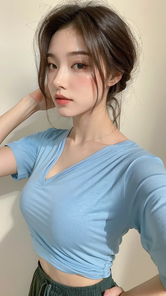 （real， High resolution：1.3）， One girl with a perfect body, Looks about 19 years old， Very beautiful face and eyes , Hair length up to collarbone, Random color slightly tight short sleeve T-shirt：1.2，Baggy sweatpants , Emphasis on constriction