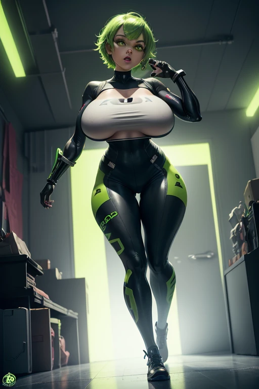 (Disgust character from inside out) (disgust character from pixar, green skin, green body, disgust emotion) 1girl,Future technology clothing,(huge breast:1.8)(slim thick)(thick tights)(Red latex tights:1.3),(Luminous array lights on clothes),Soft light,Mechanical belt,(high-tech weapon:1.3),Future technology hair bundle,Android,Super Soldier,dynamic poses,shooting,Holographic screen background,Super stunning graphics,super wide shot,best quality,masterpiece,8k,Unreal 5 rendering,High chiaroscuro,