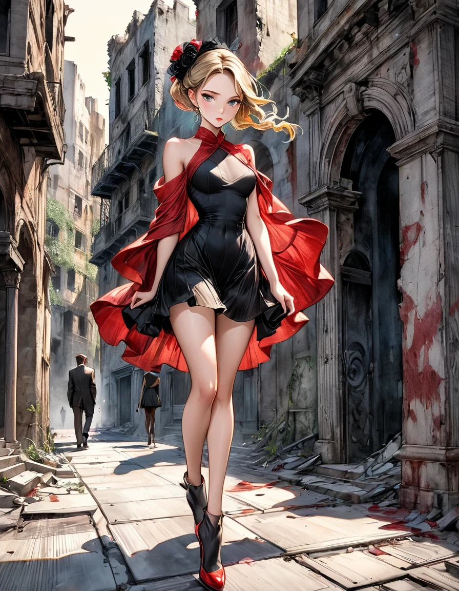 {Amanda Sage Camilla Sanchez Edgar Degas} very fine drawing cartoon sketch art pastels watercolor pencil sketch  all black red terror rich deep color bright palette. perfect full body composition wonderful sexy sad woman luminous face sensual allure walking city ruins masterpiece smooth smart focus