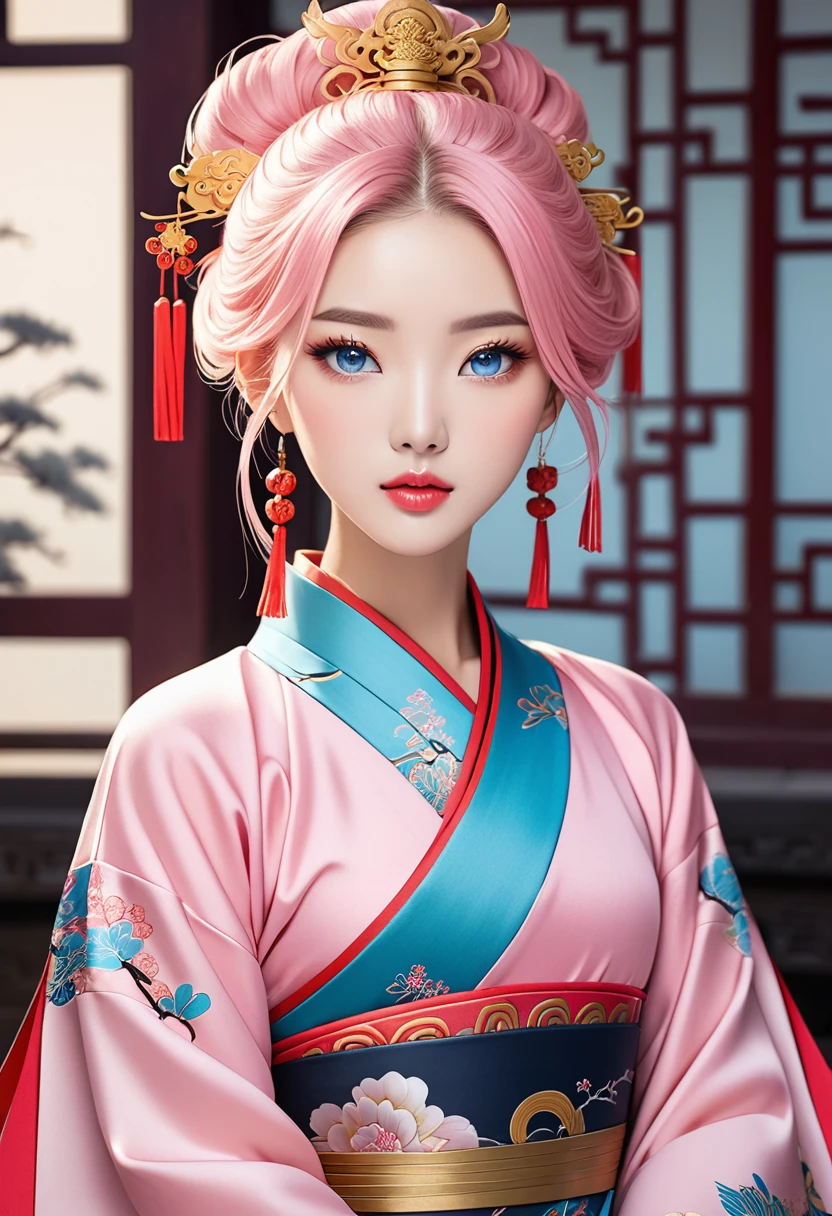 Young woman, light pink hair without bangs, thin pink lips, bright blue eyes Ancient Asian clothing style, ancient china style, empress