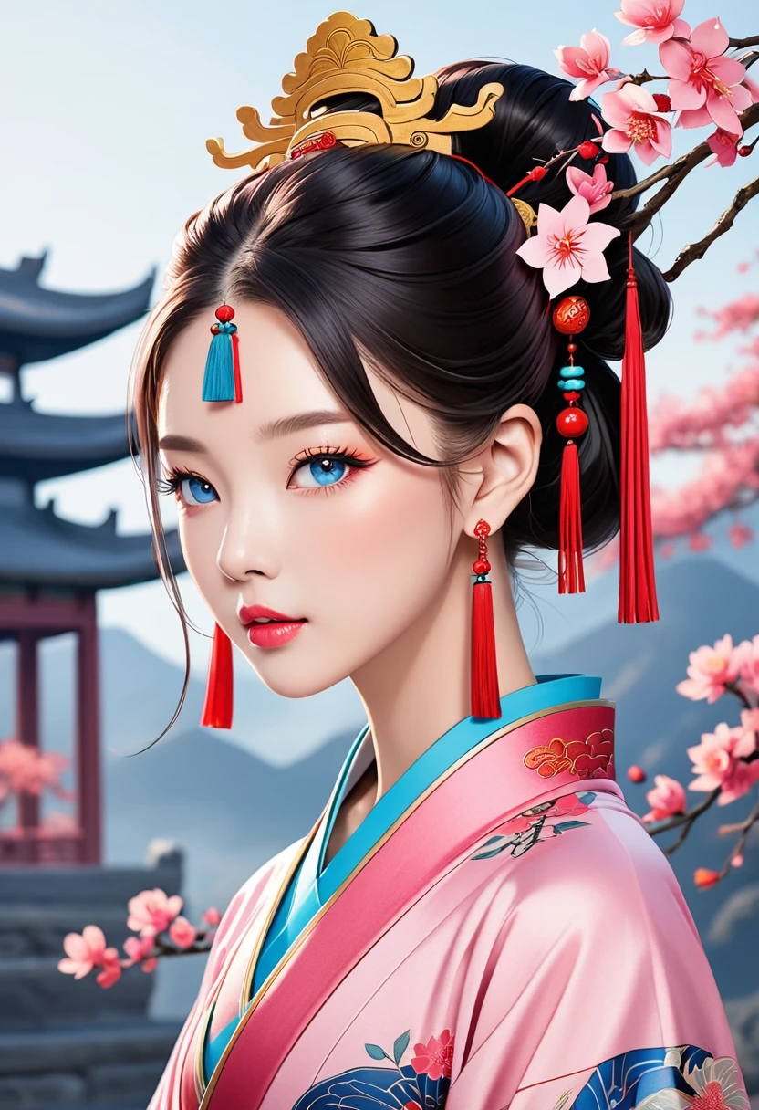 Young woman, light pink hair without bangs, thin pink lips, bright blue eyes Ancient Asian clothing style, ancient china style, empress