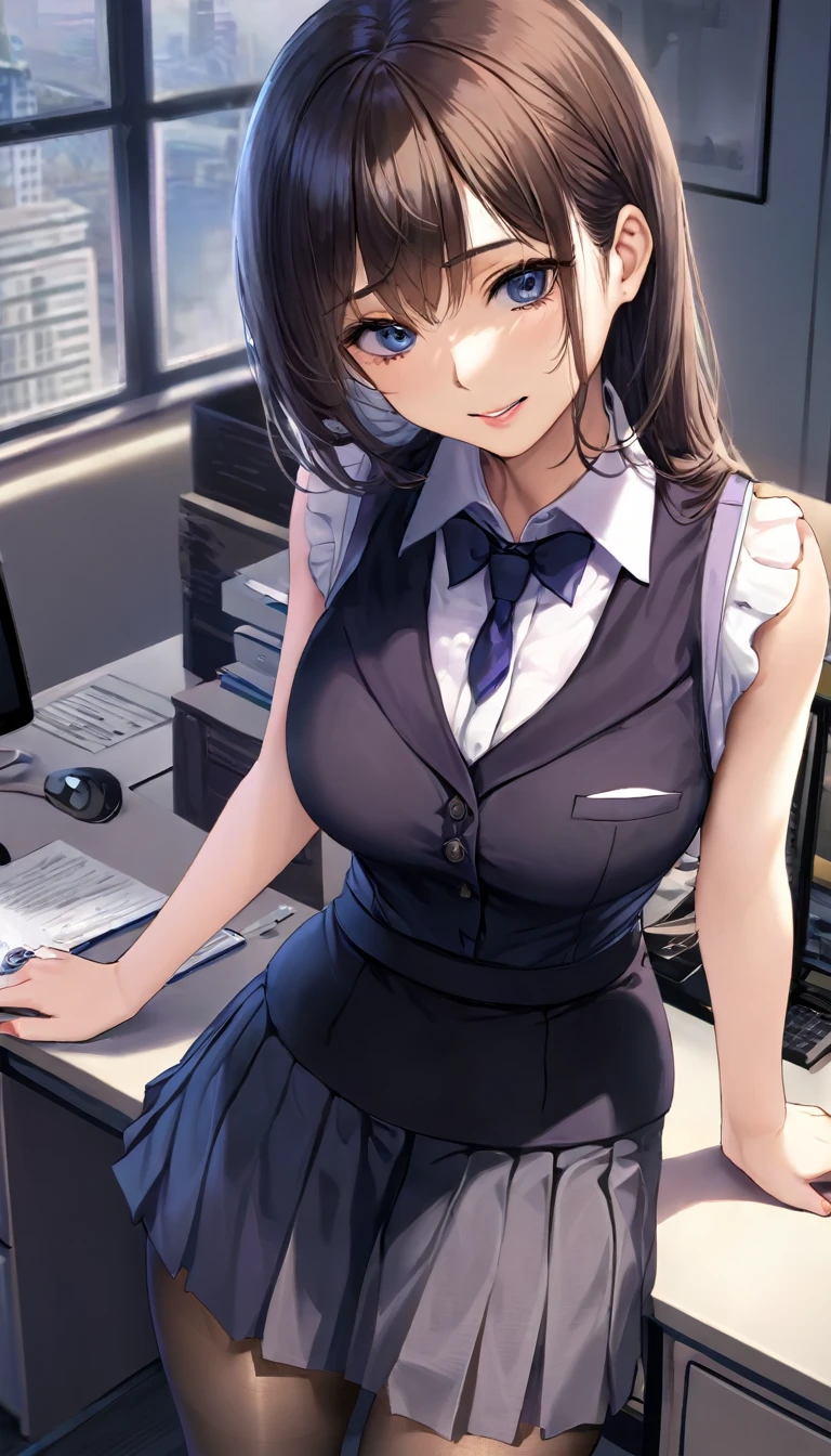 (((masterpiece))),(((High resolution)))、(((8K quality)))、(((perfect face)))、(((Beautiful office woman))), ((sleeveless)), tights, skirt, look at the camera, ((top quality eyes)), detailed face, (detailed texture), look at the camera, big，cleavage，lipstick，Smile
