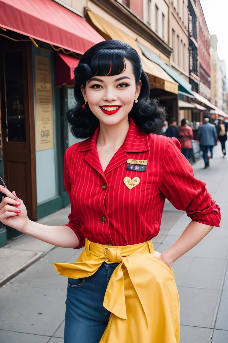 /imagine prompt: A young woman in her 30s, 1.80m tall, fair skin, black wavy hair styled in a 1950s rockabilly pin-up with bangs, red lips, striped t-shirt, varsity jacket, black denim jeans, and 1950s feminine shoes. The background features 1950s New York City on a cloudy afternoon, with the woman smiling at the camera. She is a demon hunter from the 1950s, dressed in rockabilly fashion, carrying a large sword on her back. Photography, using a 50mm lens to capture the detailed retro style and urban setting, --ar 16:9 --v 5