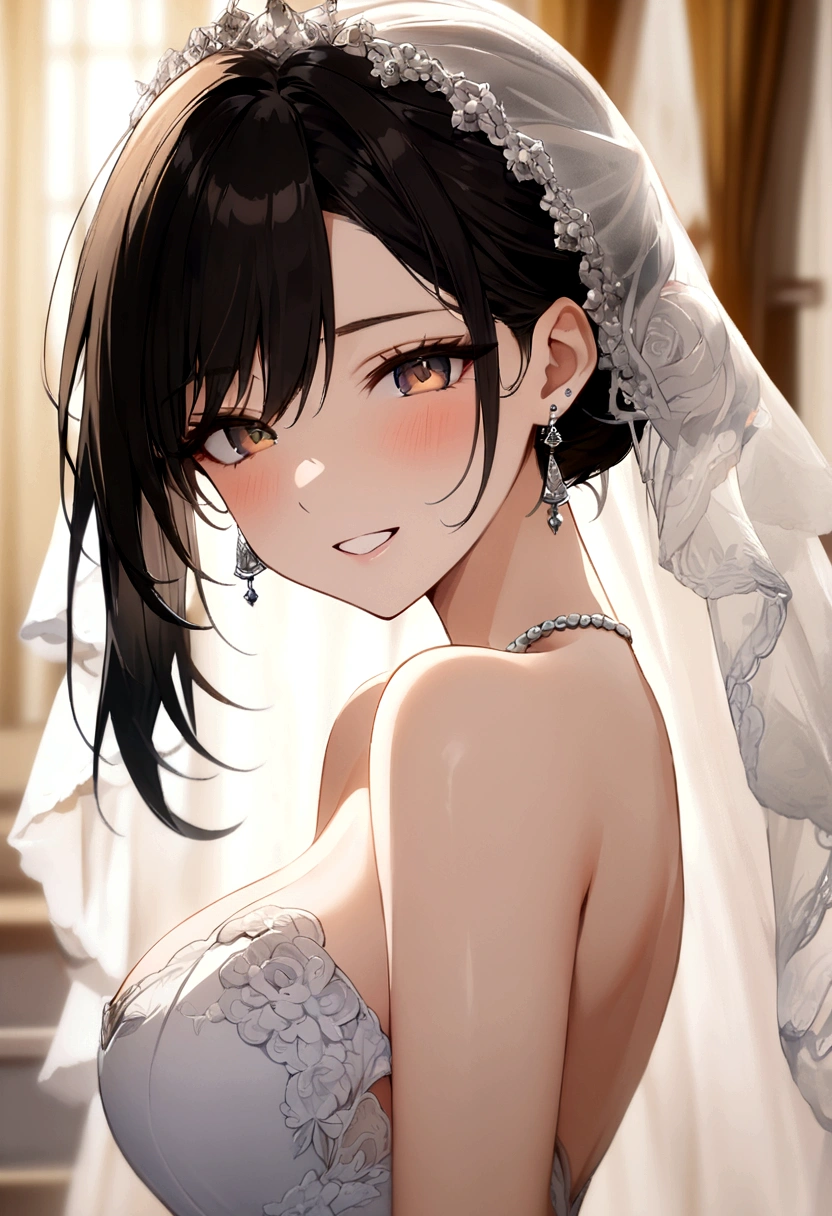 (Masterpiece), best quality, highest quality, highly detailed CG unity 8k wallpaper, original, high resolution, (depth of field: 1.5), fidelity: 1.3, breasts, bride portrait style, 1 girl, curtains, veil , bridal veil, wedding dress, curtains, jewelry, solo, earrings, teeth, bride, black_hair