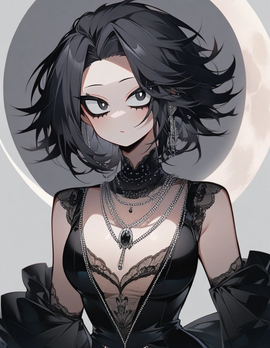 One girl, famale focus,  boku no hero academia, with dark circles   , mysterious ,ingenious , elegant and dark clothing , black hair large , so beautiful, necklace moon ,