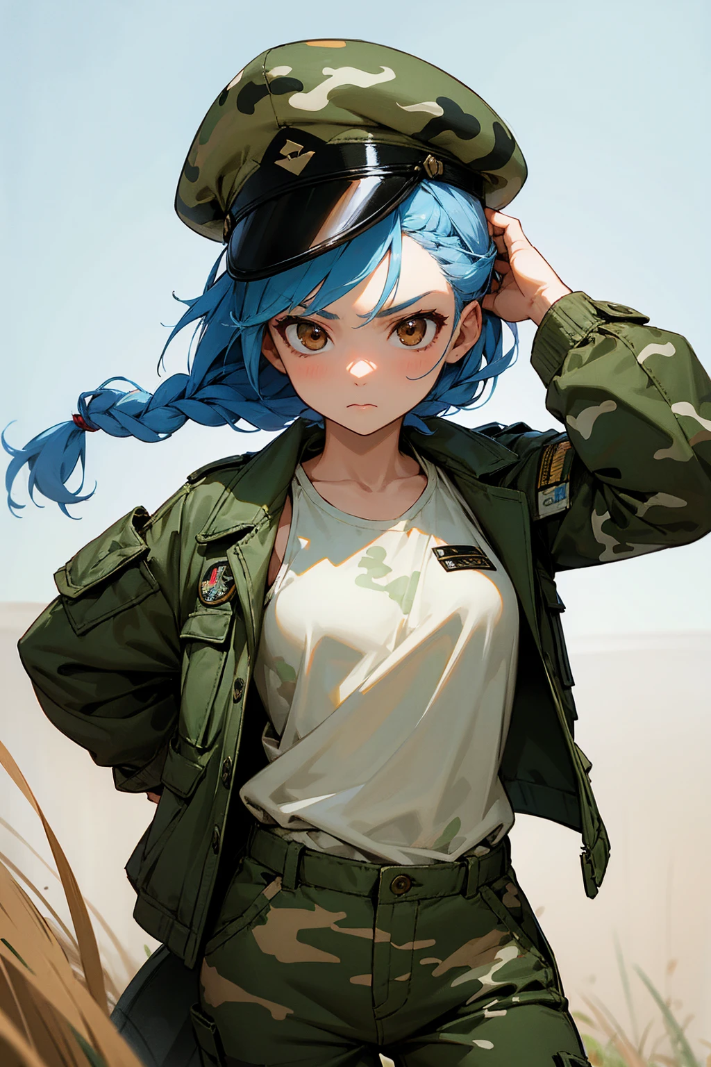 1female,  blue hair, braided hair, brown eyes, serious expression, camouflage military jacket, white tanktop, camouflage pants, military cap, grassy background, detailed background