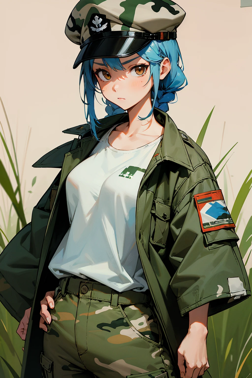 1female, blue hair, braided hair, brown eyes, serious expression, camouflage military jacket, white tanktop, camouflage pants, military cap, grassy background, detailed background