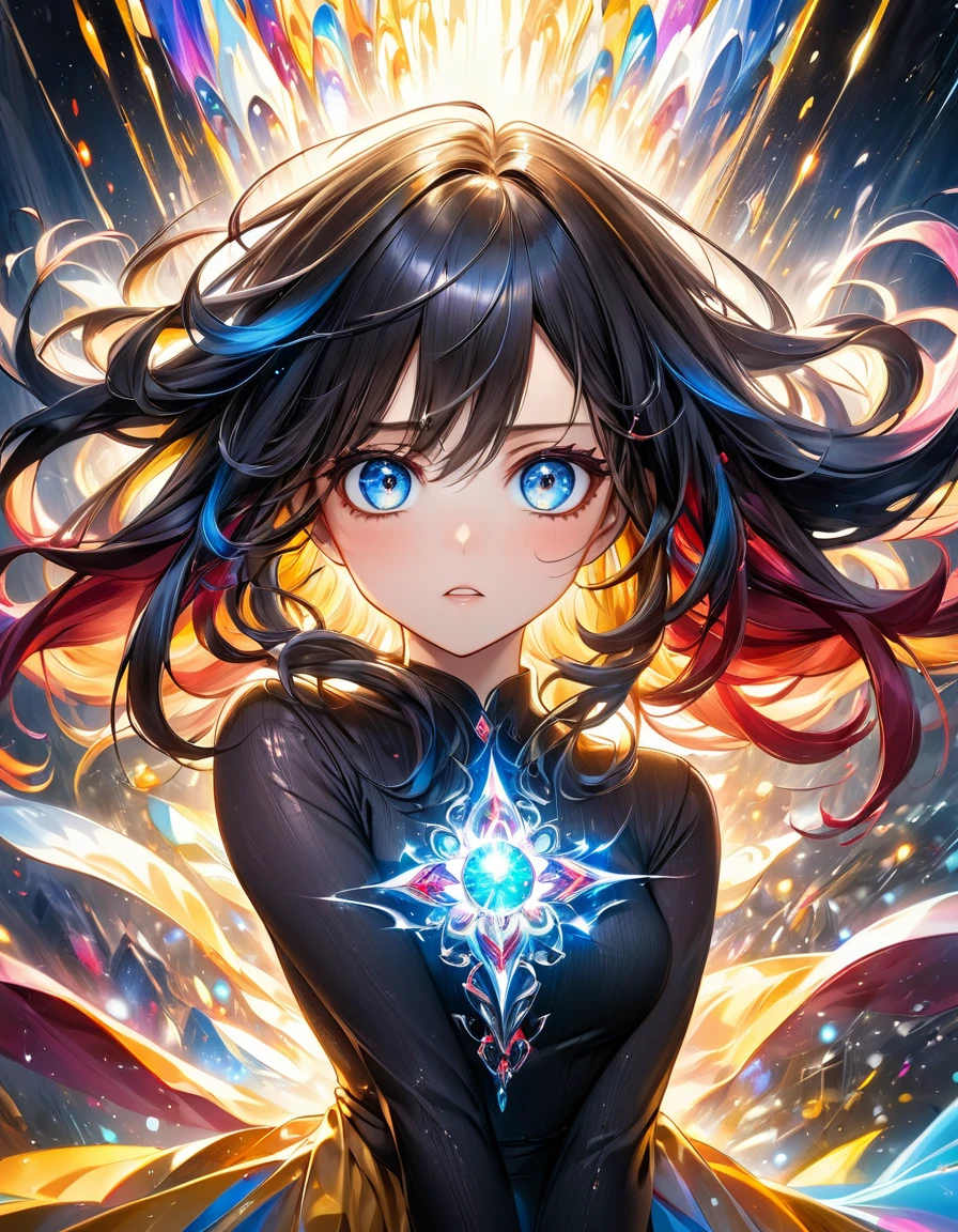 atmosfera terror dark furious In a mesmerizing cascade of color and light, an enchanting anime girl candroites viewers with her ethereal beauty. Her delicate features are framed by cascading locks of shimmering long golden black hair, her wide, expressive eyes big BLUE red radiating with emotion. A digital painting brings this stunning character to life, depicting her in intricate detail with a seamless blend of realism and fantasy. Every brushstroke and pixel showcases the artist's skill and dedication, making this image a