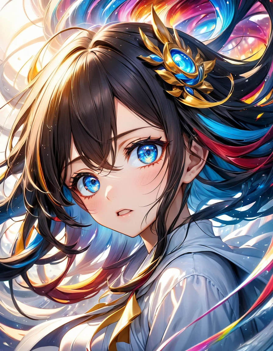 atmosfera terror dark furious In a mesmerizing cascade of color and light, an enchanting anime girl candroites viewers with her ethereal beauty. Her delicate features are framed by cascading locks of shimmering long golden black hair, her wide, expressive eyes big BLUE red radiating with emotion. A digital painting brings this stunning character to life, depicting her in intricate detail with a seamless blend of realism and fantasy. Every brushstroke and pixel showcases the artist's skill and dedication, making this image a