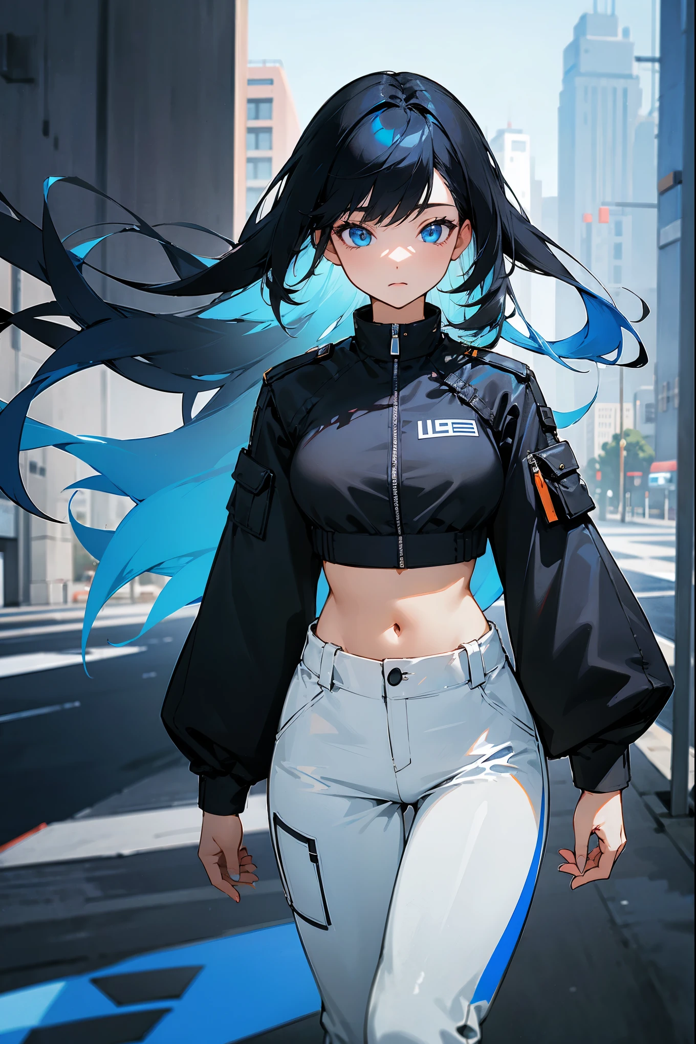 1female, black hair, blue oumbre hair, two toned hair, blue eyes, white croptop, black croptop jacket, black pants, city background, standing on path, hands to side