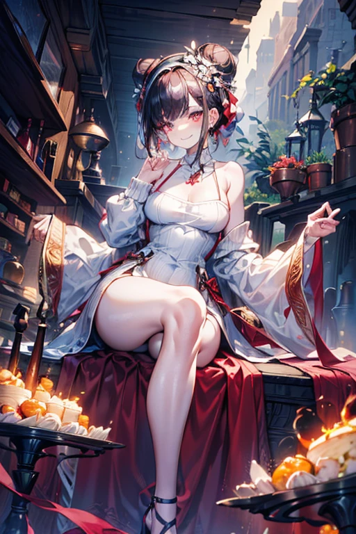 (((Masterpiece))),(((Super Detail))),(((in 8K))),(((best composition))),(((Rim lighting,Fireglow effect,deep shadow))),solo),Beautiful fingers,Detailed finger features,(Detailed hair features:1.7),(Dynamic and sexy bending pose:1.3),detailed facial features,detailed clothes features, (perky chest:1.1), (pointed chest:1.3), delicate beautiful face, Bright blue eyes, cute eyes, sparkling eyes, Big eyes, beautiful detailed eyes,double bun with glittering hair ornament:0.6,(super detailed glossy skin:1.3),slender body,goddess smile,((with sparkling eyes and a contagious smile)),beautiful posture,have a cup of coffee,black hair, red eyes, dress, bare shoulders, jewelry, collarbone, sidelocks, hairband, earrings, indoors, off shoulder, sweater, arms behind back, plant, short hair with long locks, white hairband, off-shoulder dress, sweater dress, off-shoulder sweater, red sweater, big side hair, very long side hair,(super delicate floral pattern:1.2),seductive cleavage:1.3,beautiful glossy legs,shiny red high heels,lifting dishes with cakesd,french restaurant,hustle and bustle,rising steam,(((depth of fields)))