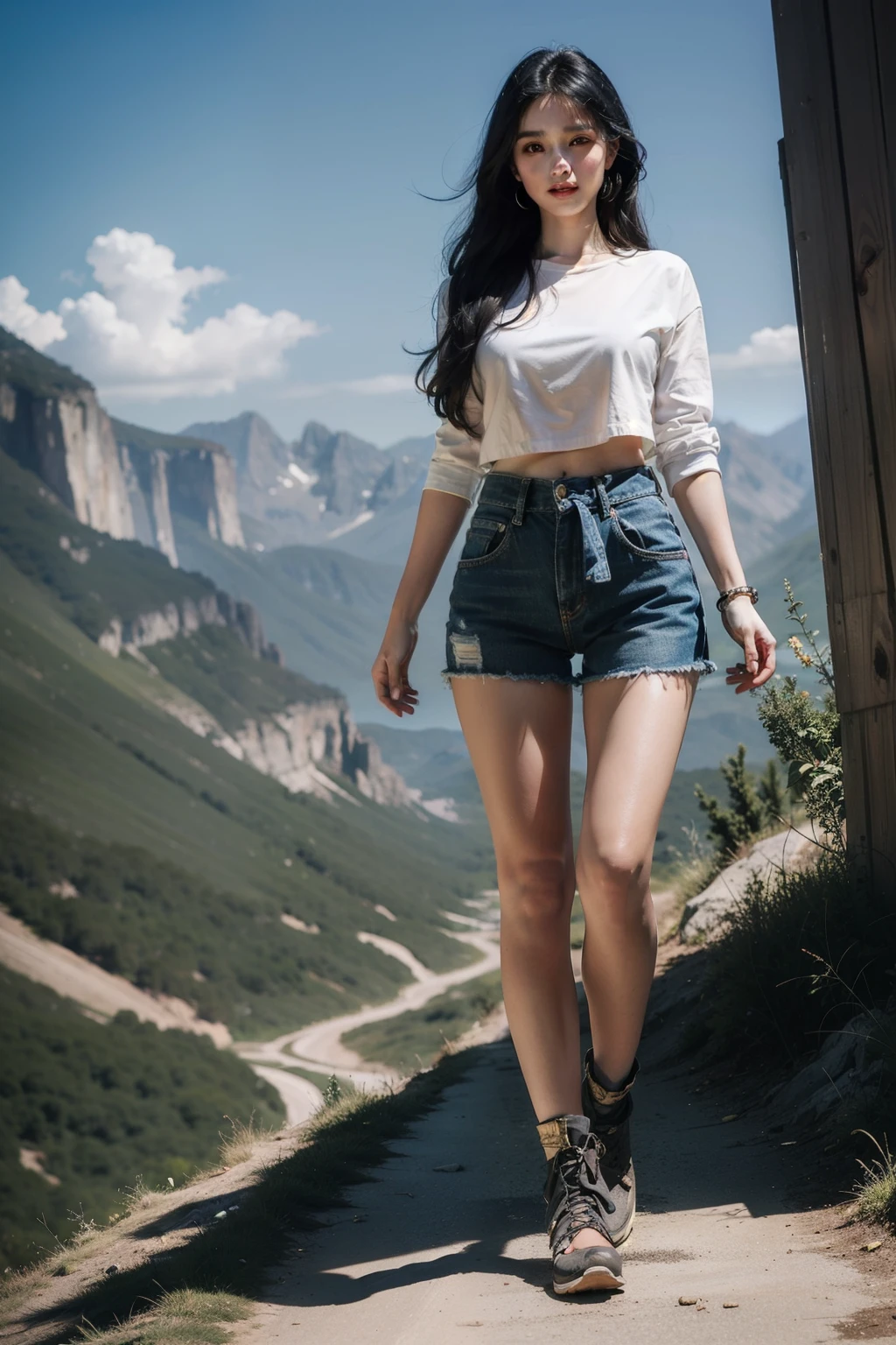 ((best quality)), ((masterpiece)), (detailed), 1girl, young arab girl, huge , giant ass, tiny waist, very feminine, perfect face, long wavy black hair, big eyes, big lips, jewelry, wearing rugged outdoors hiking clothing, emotional expression on face, full body image