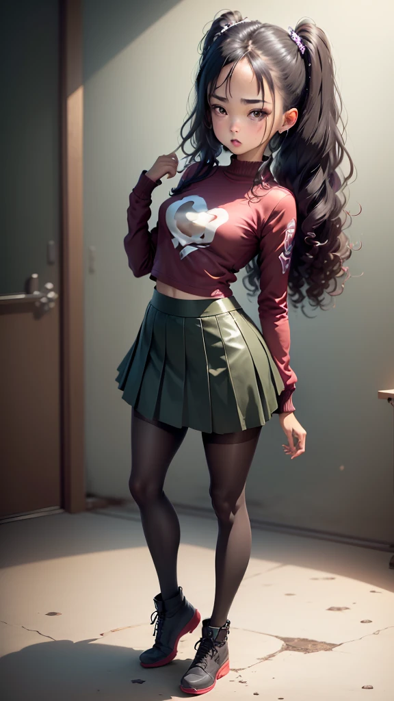 ((21-year-old))), black girl, (((light skin))), (((full body pose))),  (((long curly black hair))), (((wearing tight micromini skirt))), (((seamless, black, pantyhose))), dark fantasy, Rich, Deep Colours, (intricate details:0.9), (HDR, hyper-detailing:1.2), (natural skin textures, hyper realisitc, glistening skin, soft light, Sharp),