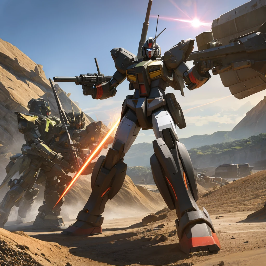 masterpiece, planetary, mecha, no humans, black armor mecha, laser canon beam