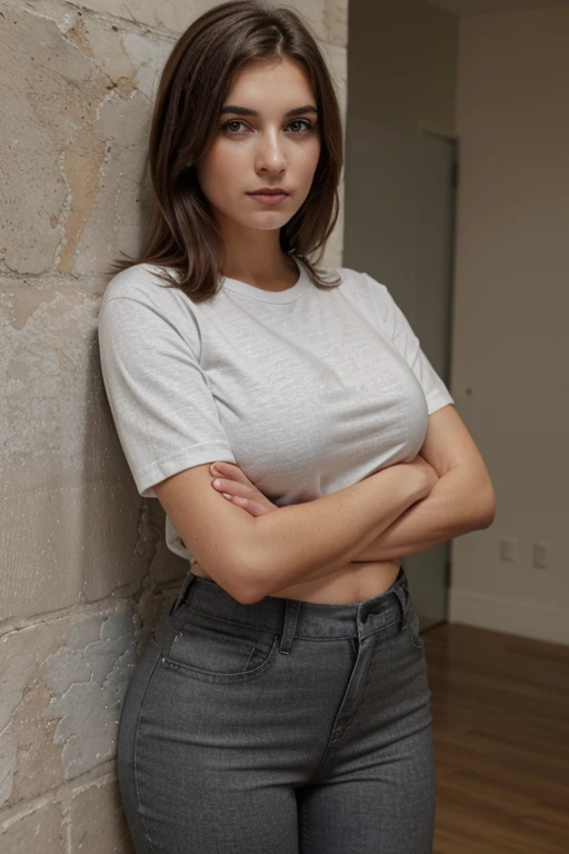 front look. wearing a different t-shirt. wearing different pants, head straight facing the camera. (standing upright, body facing the camera, arms folded across his body). A beautiful young woman in her 25s with large breasts, slightly visible cleavage, sharp nose, narrow eyes, full of make-up. ((wear different clothes)), (Interior wall background)(no background). Girs uniform.a man's favorite woman.