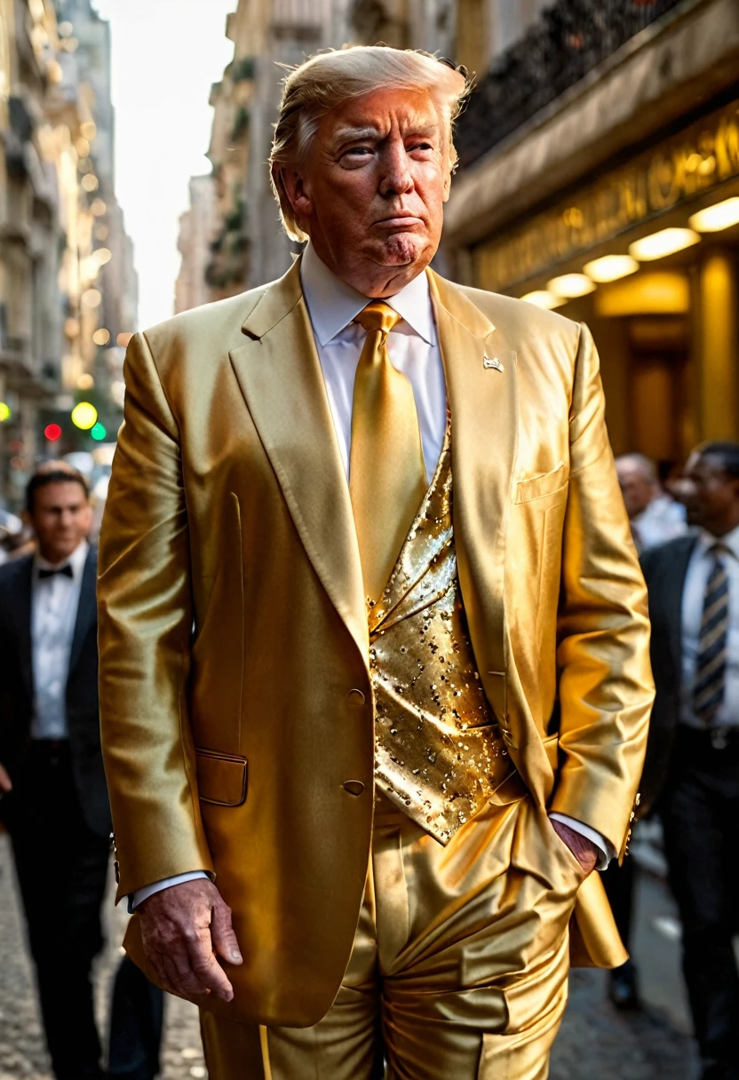 dynamic masterpiece epic cinematic scene,melhor qualidade,hiper detalhado,ultra detalhado,
Trump was wearing a gold suit and had one hand in his pocket.,pele verdadeira,terno dourado ral-bling,fundo da bandeira dos EUA,tiro na cintura,Bokeh,Rambrandt Lighting, em movimento. high budget action movie main theme. Foto CRU, desfoque de movimento. melhor qualidade, high resolution