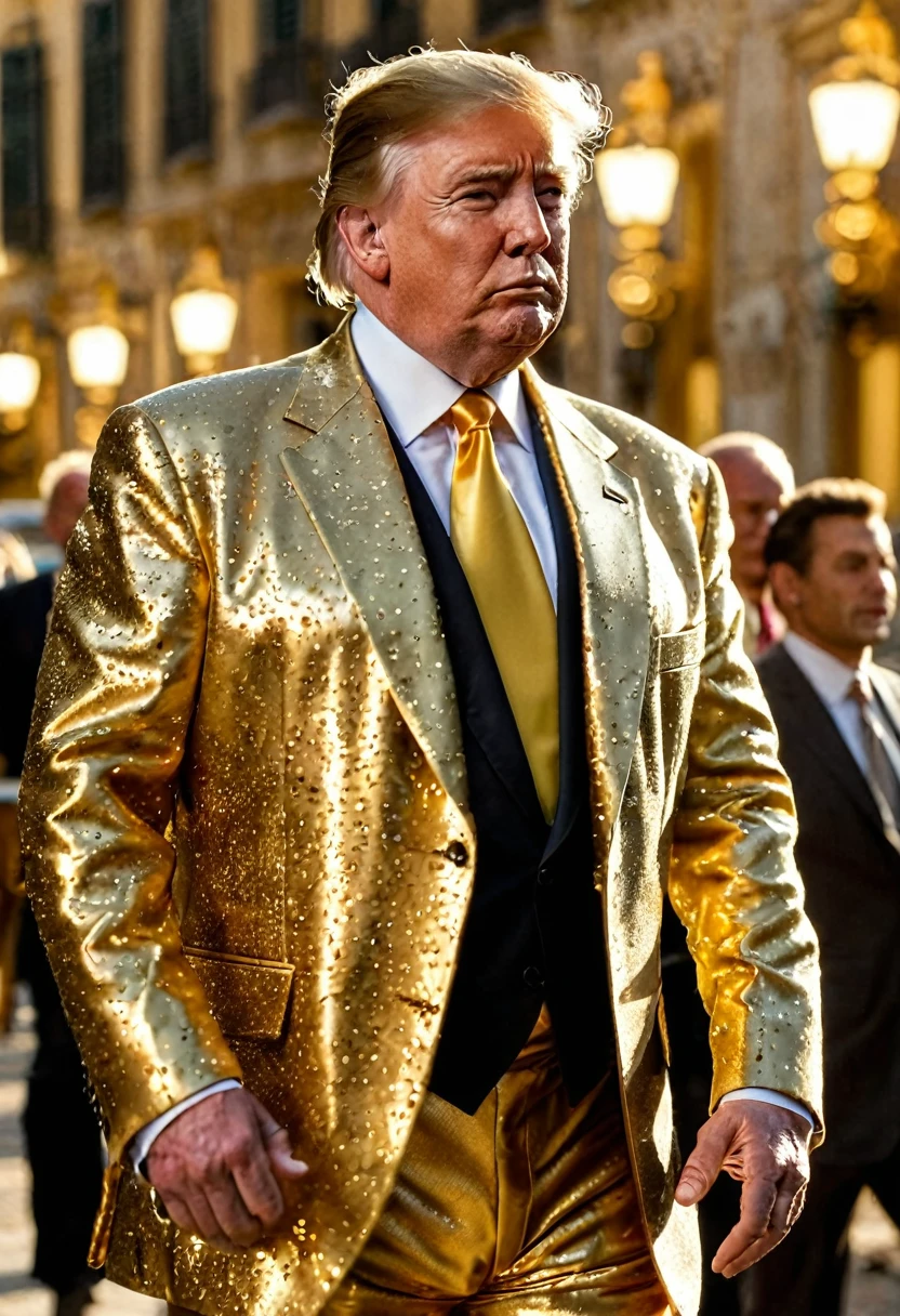 dynamic masterpiece epic cinematic scene,melhor qualidade,hiper detalhado,ultra detalhado,
Trump was wearing a gold suit and had one hand in his pocket.,pele verdadeira,terno dourado ral-bling,fundo da bandeira dos EUA,tiro na cintura,Bokeh,Rambrandt Lighting, em movimento. high budget action movie main theme. Foto CRU, desfoque de movimento. melhor qualidade, high resolution