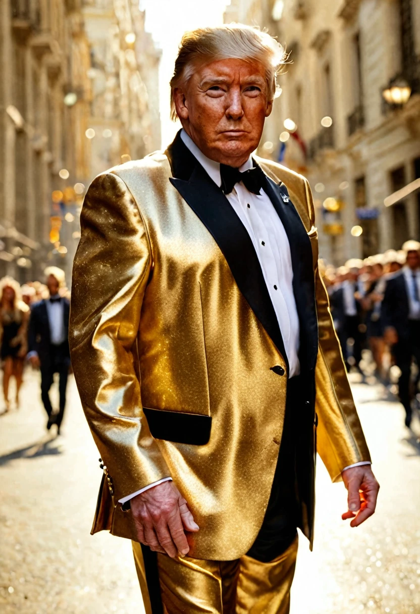 dynamic masterpiece epic cinematic scene,melhor qualidade,hiper detalhado,ultra detalhado,
Trump was wearing a gold suit and had one hand in his pocket.,pele verdadeira,terno dourado ral-bling,fundo da bandeira dos EUA,tiro na cintura,Bokeh,Rambrandt Lighting, em movimento. high budget action movie main theme. Foto CRU, desfoque de movimento. melhor qualidade, high resolution