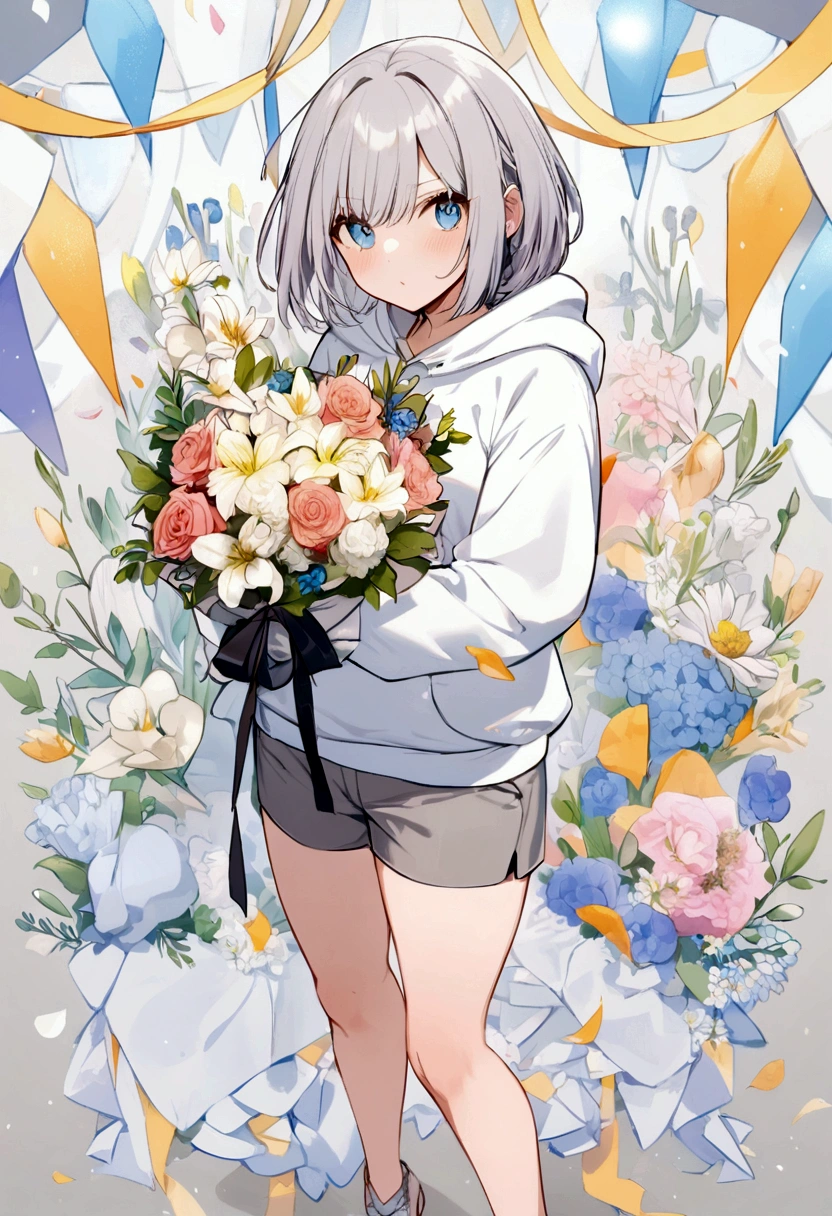 girl,Silver Hair,blue eyes,Bob,birthday,whole body,White hoodie,Grey shorts,bouquet