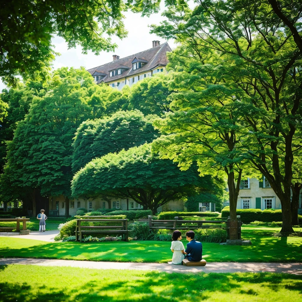 "Small village landscape、A tranquil park scene with lush greenery and quaint buildings。A young girl named Mira is holding a book.、A young man named Isaac gazes fondly at her.。They are both sitting on a bench、Isaac holds Mila's hand tenderly.。Books and flowers are scattered around Mira.、The background features a blooming flowerbed and a large tree.。The village scenery spreads、In the distance you can see mountains and rivers、In the background of the park is an old-fashioned house々Lined up、People walking along the road々There is a small drawing of。The color scheme is based on natural green.、The vibrant colors of the flowers are an accent、Mila and Isaac are surrounded by warm colors.。To focus specifically on Isaac's Eyes and Mila's Book、Subtly bright lighting is used。Overall、The warmth and tranquility of the beginning of love、It creates a romantic and peaceful atmosphere that conveys a sense of security and joy in the other person's presence.。", High resolution, masterpiece, highest quality, Intricate details, Very detailed, Clear focus, Delicate skin, practical skin texture, texture, Delicate eyes, Professional, 4K, Shot with Canon, 85mm, Shallow and deep, Kodak Vision Color, Exactly, Very detailed, photograph_\(Extremist\), photographpractical, practical, Post-processing, Maximum details, Roughness, Real Life, Extremist practical, Photorealism, photographgraphy, 8K Ultra HD, photographgraphy