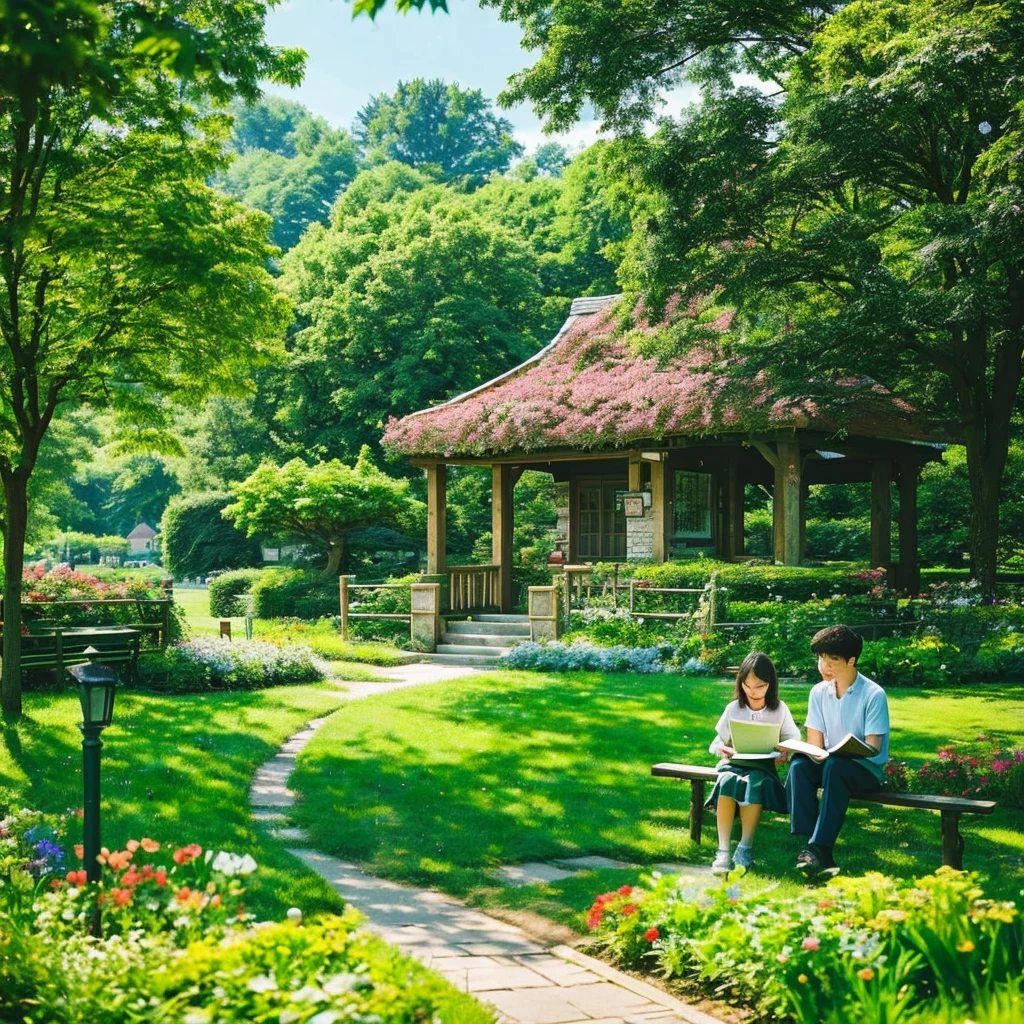 "Small village landscape、A tranquil park scene with lush greenery and quaint buildings。A young girl named Mira is holding a book.、A young man named Isaac gazes fondly at her.。They are both sitting on a bench、Isaac holds Mila's hand tenderly.。Books and flowers are scattered around Mira.、The background features a blooming flowerbed and a large tree.。The village scenery spreads、In the distance you can see mountains and rivers、In the background of the park is an old-fashioned house々Lined up、People walking along the road々There is a small drawing of。The color scheme is based on natural green.、The vibrant colors of the flowers are an accent、Mila and Isaac are surrounded by warm colors.。To focus specifically on Isaac's Eyes and Mila's Book、Subtly bright lighting is used。Overall、The warmth and tranquility of the beginning of love、It creates a romantic and peaceful atmosphere that conveys a sense of security and joy in the other person's presence.。", High resolution, masterpiece, highest quality, Intricate details, Very detailed, Clear focus, Delicate skin, practical skin texture, texture, Delicate eyes, Professional, 4K, Shot with Canon, 85mm, Shallow and deep, Kodak Vision Color, Exactly, Very detailed, photograph_\(Extremist\), photographpractical, practical, Post-processing, Maximum details, Roughness, Real Life, Extremist practical, Photorealism, photographgraphy, 8K Ultra HD, photographgraphy