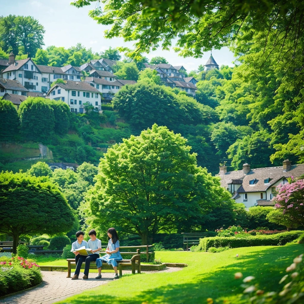 "Small village landscape、A tranquil park scene with lush greenery and quaint buildings。A young girl named Mira is holding a book.、A young man named Isaac gazes fondly at her.。They are both sitting on a bench、Isaac holds Mila&#39;s hand tenderly.。Books and flowers are scattered around Mira.、The background features a blooming flowerbed and a large tree.。The village scenery spreads、In the distance you can see mountains and rivers、In the background of the park is an old-fashioned house々Lined up、People walking along the road々There is a small drawing of。The color scheme is based on natural green.、The vibrant colors of the flowers are an accent、Mila and Isaac are surrounded by warm colors.。To focus specifically on Isaac&#39;s Eyes and Mila&#39;s Book、Subtly bright lighting is used。Overall、The warmth and tranquility of the beginning of love、It creates a romantic and peaceful atmosphere that conveys a sense of security and joy in the other person&#39;s presence.。", High resolution, masterpiece, highest quality, Intricate details, Very detailed, Clear focus, Delicate skin, practical skin texture, texture, Delicate eyes, Professional, 4K, Shot with Canon, 85mm, Shallow and deep,  Kodak Vision Color, Exactly, Very detailed, photograph_\(Extremist\), photographpractical, practical, Post-processing, Maximum details, Roughness, Real Life, Extremist practical, Photorealism, photographgraphy, 8K Ultra HD, photographgraphy