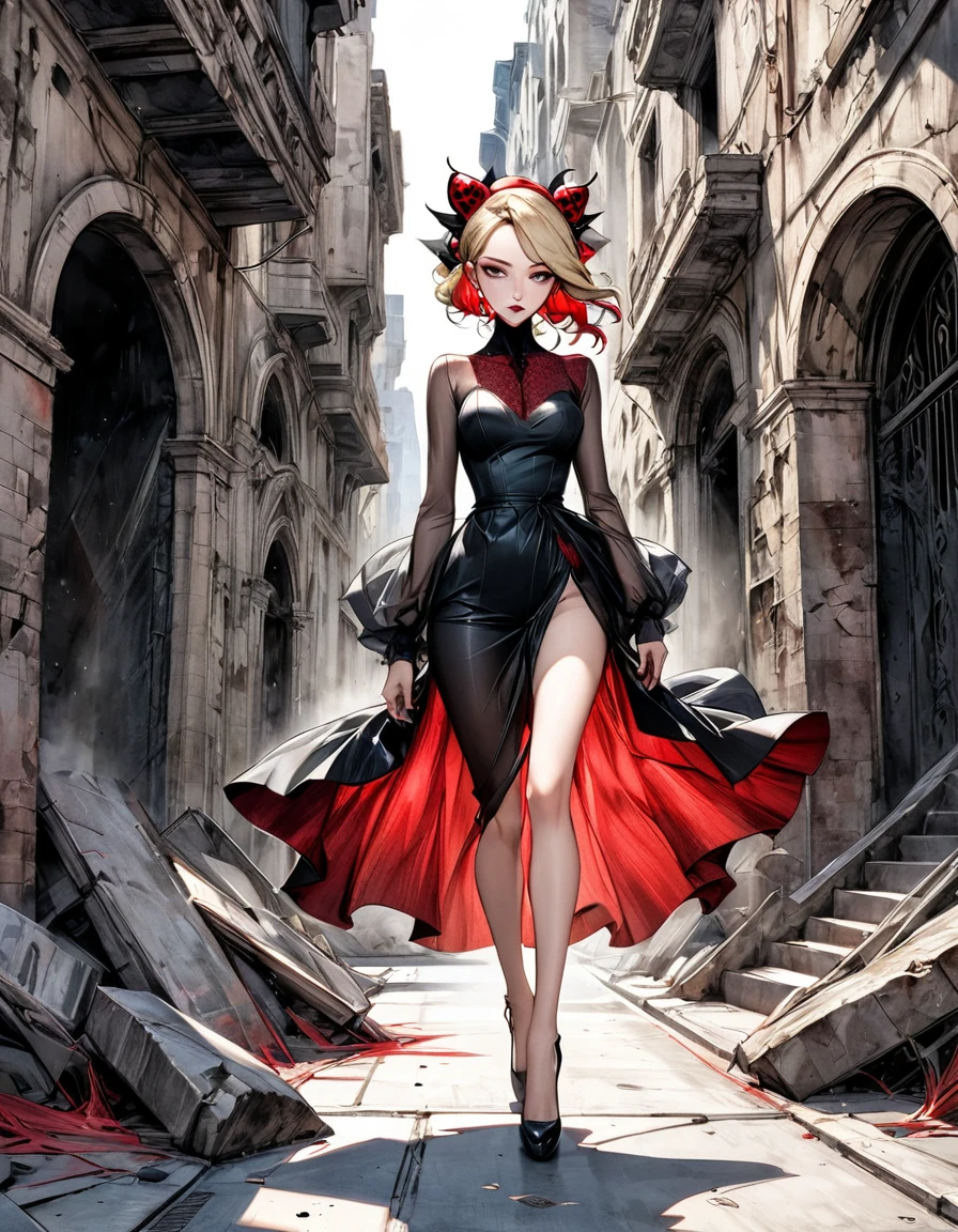 {Amanda Sage Camilla Sanchez Edgar Degas} very fine drawing cartoon sketch art pastels watercolor pencil sketch  all black red terror evil Venom rich deep color bright palette. perfect full body composition wonderful sexy sad woman luminous face sensual allure walking city ruins masterpiece smooth smart focus