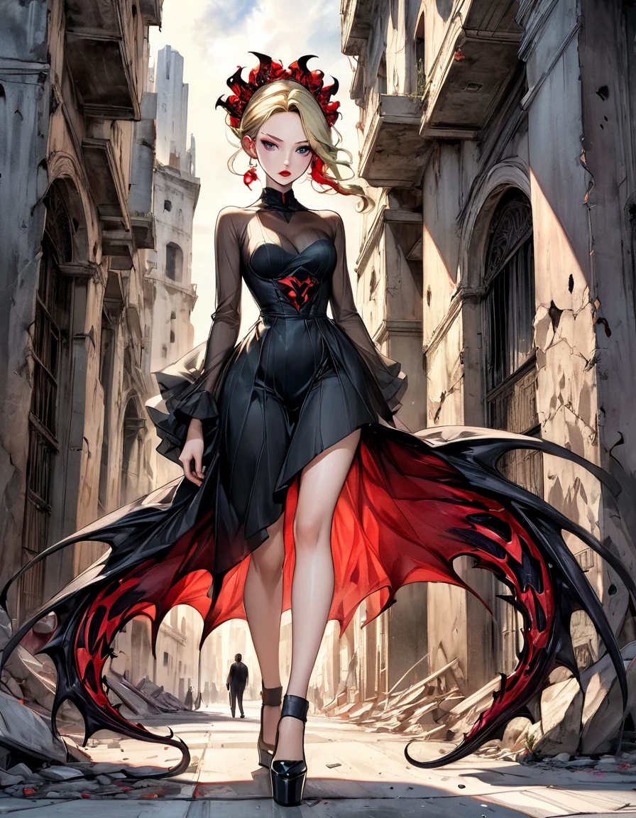 {Amanda Sage Camilla Sanchez Edgar Degas} very fine drawing cartoon sketch art pastels watercolor pencil sketch all black red terror evil Venom rich deep color bright palette. perfect full body composition wonderful sexy sad woman luminous face sensual allure walking city ruins masterpiece smooth smart focus