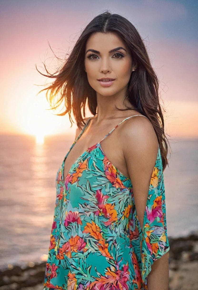 Una hermosa mujer con cabello vibrante de colores y ojos verdosos, posando en una playa hermosa y solitaria. Su ropa es de colores vivos y destaca en contraste con el paisaje arenoso y un collar largo y colorido. En el fondo, se aprecia el mar tranquilo y la arena brillante bajo el sol. The scene conveys a feeling of freedom and joy.
