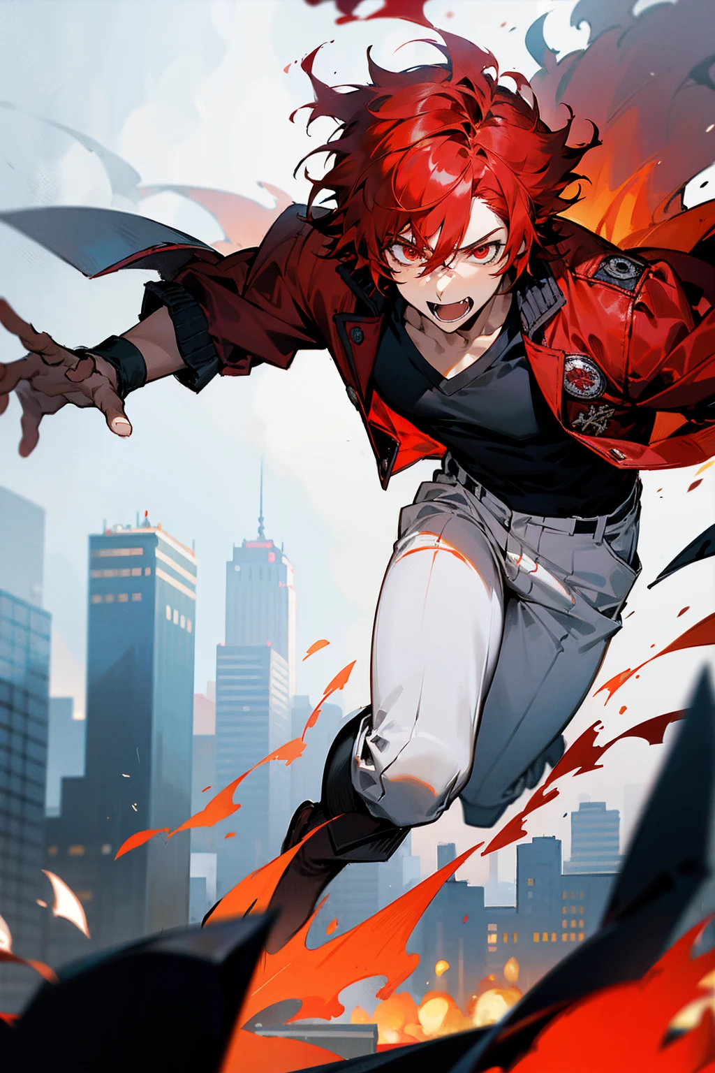 1male, flaming hair, red hair, red eyes, excited expression, wolf cut hair, black undershirt, red jacket, white pants, city background, detailed background