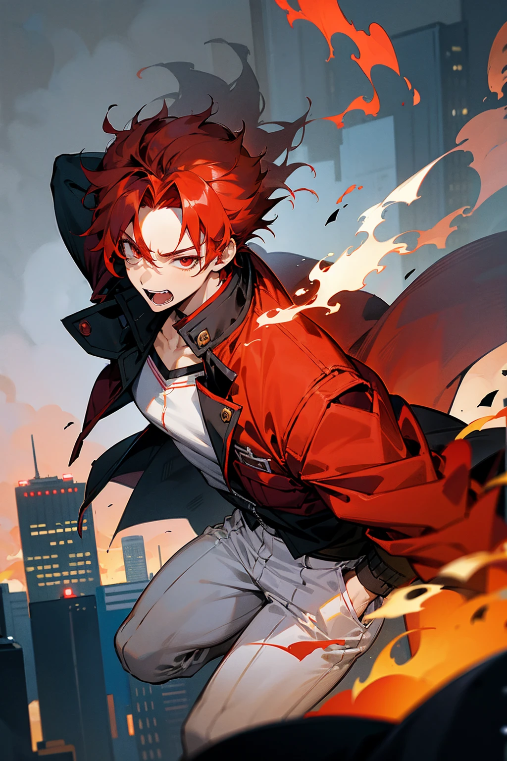 1male, flaming hair, red hair, red eyes, excited expression, wolf cut hair, black undershirt, red jacket, white pants, city background, detailed background