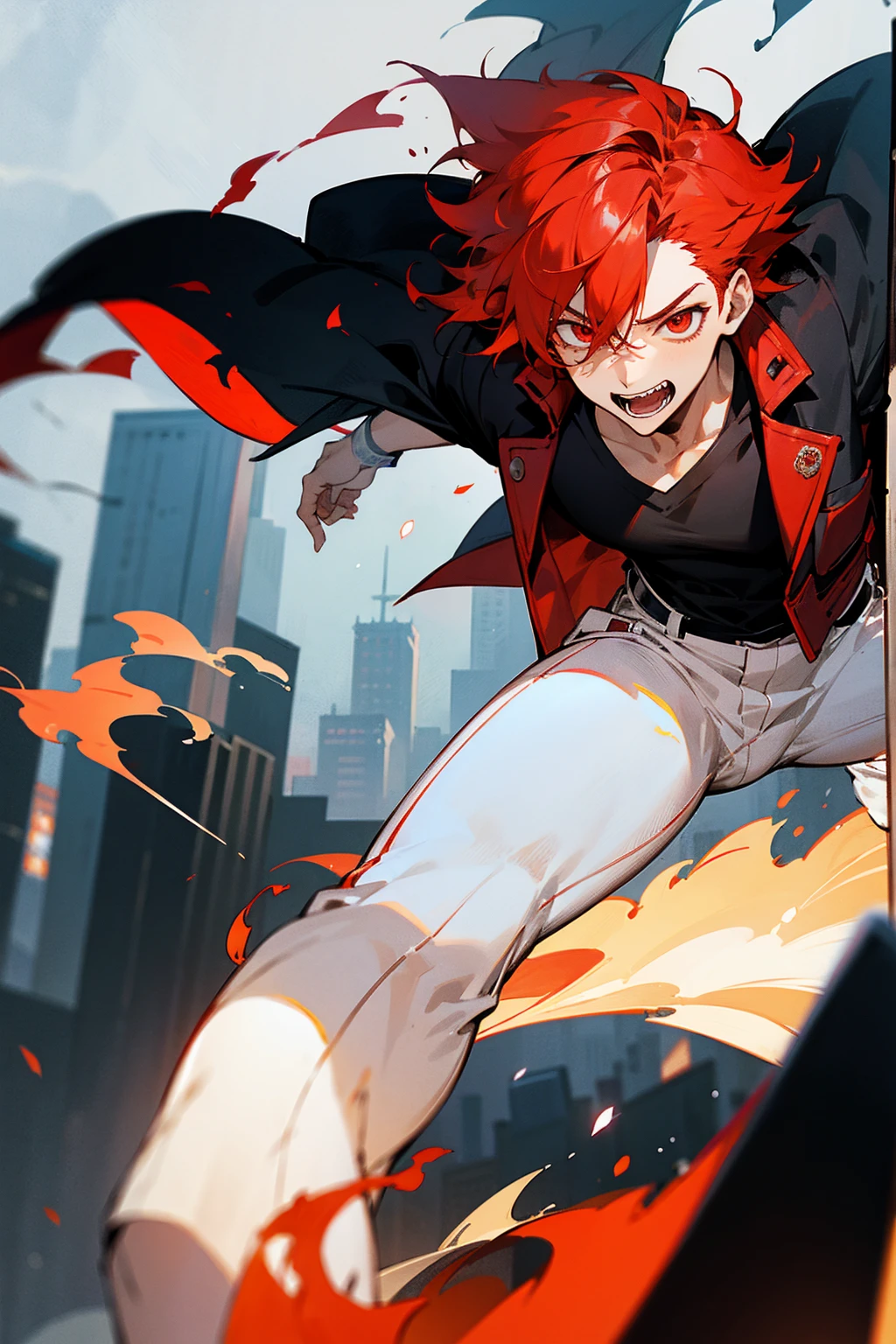 1male, flaming hair, red hair, red eyes, excited expression, wolf cut hair, black undershirt, red jacket, white pants, city background, detailed background