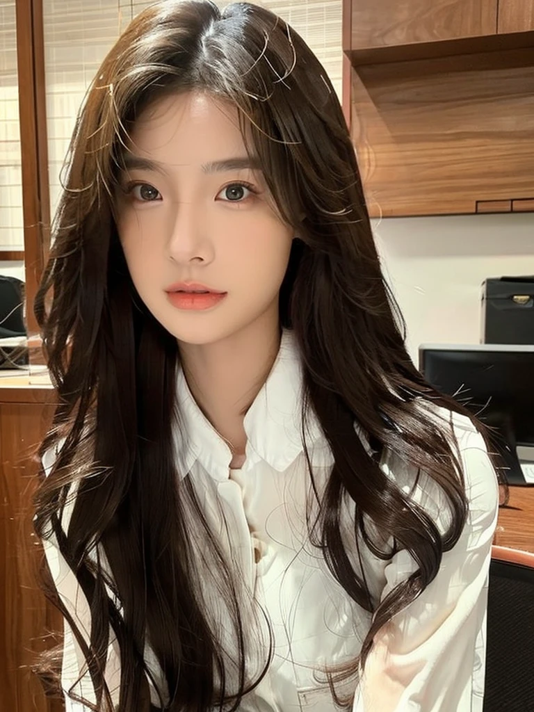 Han Julie is a young Korean woman in her 30s. Her hair is long and wavy in a dark blonde colors.
Her face is oval and marked by her large brown eyes, which carry a cold, unexpressive face. Her skin is radiant and clear, presenting an impeccable state of health and her curved lips.
Her height is medium, her body athletic and defined, with the most charming and provocative. It contrasts and matches their personalities.
She is in her office at the company wearing a navy jeans and white shirt.