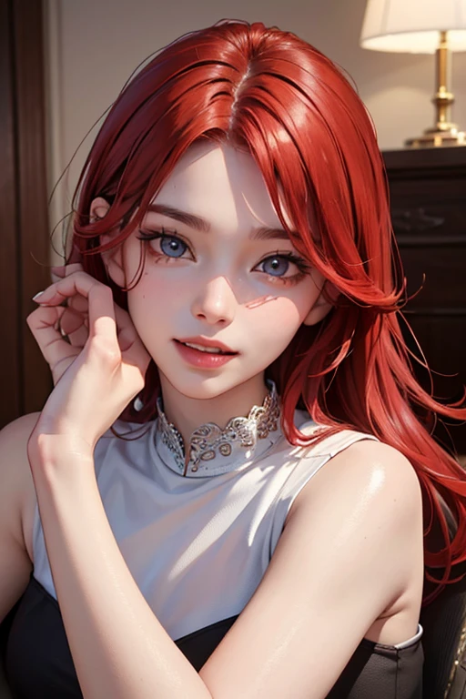 8K, Ultra High Definition, Super detailed, Shiny detailed hair, detailed face, fantasy landscape, solo, looking at viewer, {{best quality}}, {{masterpiece}}, {{ultra-detailed}}, {detailed light}, ultra high quality eyes, detailed eyes, perfect eyes, large eyes, detailed blue eyes, beautiful lips, red hair, long hair, beautiful, skinny body, white skin, slutty, erotic, suggestive, sexy woman, mature woman, milf, sexy milf, ((nsfw))