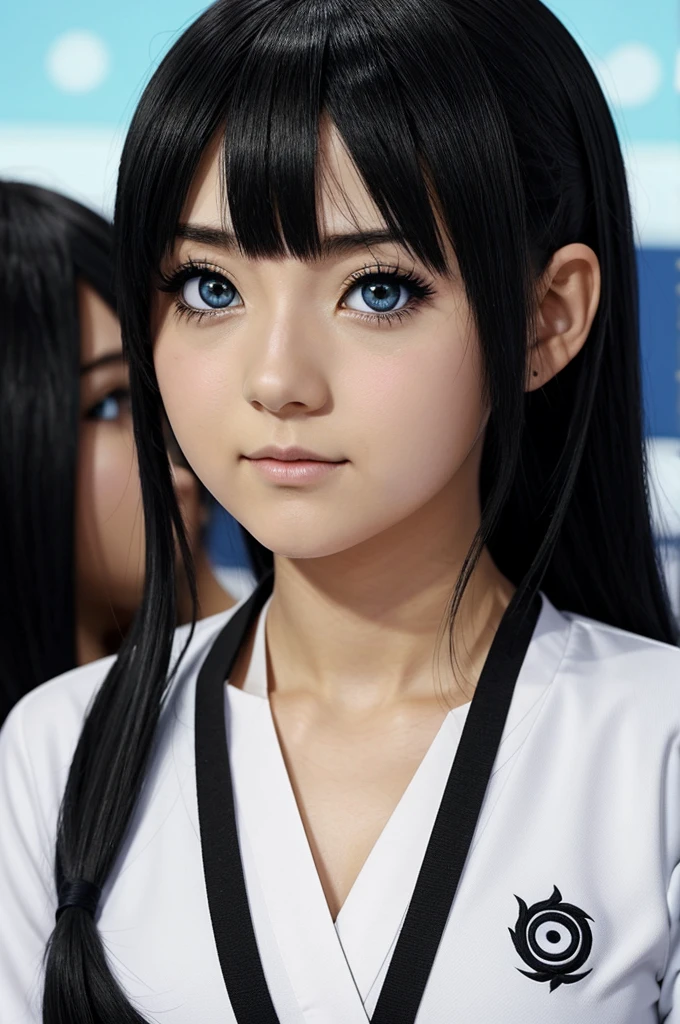 ((estilo anime)) girl Hinata Hyuga Genin, pupilas blancas, cabello corto y negro, rostro tierno y ruborizado, uniforme ninja de konoha