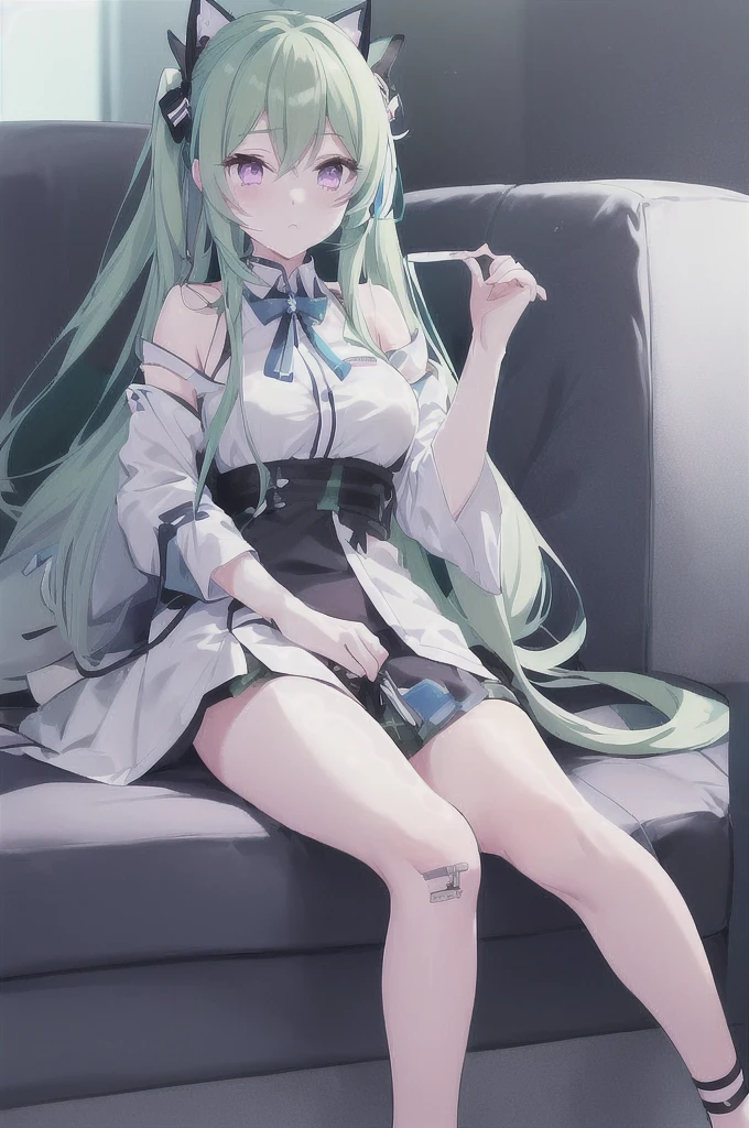 {Moist feather(hololive)}, 1girl in, Short hair, Double bun, {Emerald green hair}, {{Red Eyes}}、​masterpiece、top-quality、very flat chest, very small chest、小柄、numerous piercings in the ears、A slightly condescending look、Sitting in a leather chair、Aura of Darkness Rack Underwear Pants Rack Tube Top Bree Thin Tank Top、inside in room、Blue-winged butterfly、watching at viewers、((I have a cigarette in one hand、Smoke drifts from a cigarette。she is a smoker、I have a cigarette in my finger))、((light round sunglasses、I can see through my sunglasses。))
