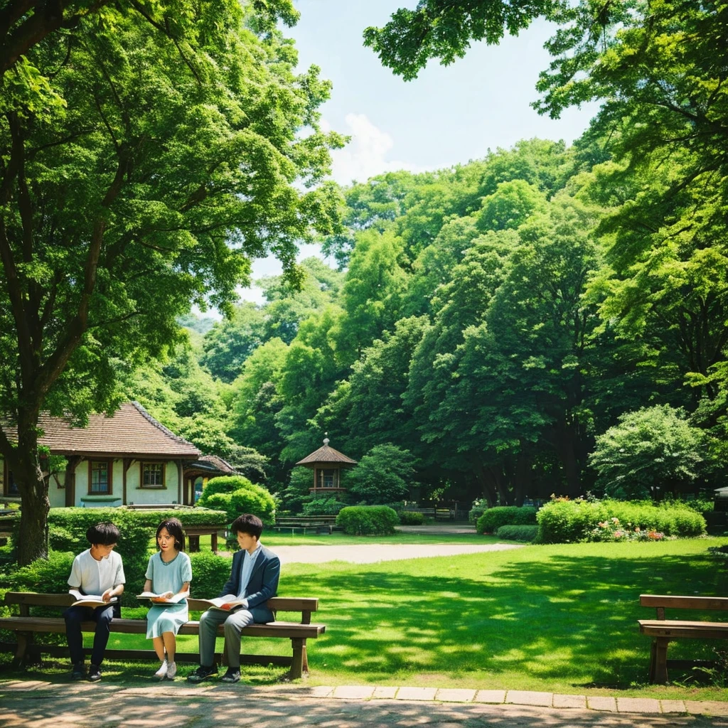 "Small village landscape、A tranquil park scene with lush greenery and quaint buildings。A young girl named Mira is holding a book.、A young man named Isaac gazes fondly at her.。They are both sitting on a bench、Isaac holds Mila's hand tenderly.。Books and flowers are scattered around Mira.、The background features a blooming flowerbed and a large tree.。The village scenery spreads、In the distance you can see mountains and rivers、In the background of the park is an old-fashioned house々Lined up、People walking along the road々There is a small drawing of。The color scheme is based on natural green.、The vibrant colors of the flowers are an accent、Mila and Isaac are surrounded by warm colors.。To focus specifically on Isaac's Eyes and Mila's Book、Subtly bright lighting is used。Overall、The warmth and tranquility of the beginning of love、It creates a romantic and peaceful atmosphere that conveys a sense of security and joy in the other person's presence.。", High resolution, masterpiece, highest quality, Intricate details, Very detailed, Clear focus, Delicate skin, practical skin texture, texture, Delicate eyes, Professional, 4K, Shot with Canon, 85mm, Shallow and deep, Kodak Vision Color, Exactly, Very detailed, photograph_\(Extremist\), photographpractical, practical, Post-processing, Maximum details, Roughness, Real Life, Extremist practical, Photorealism, photographgraphy, 8K Ultra HD, photographgraphy