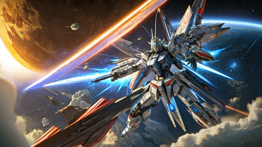 In space,Huge planet,Starcloud,Holds a mechanical sword,without humans,Gray-haired males,Antique punk,Chinese robes,with light glowing,giant mechanical wings,Flying in space:1.3,Comet fragments,Blue-white mech,scientific fiction,space,Realistiechilky Way Galaxy background,neonlight,cyber punk perssonage,wallpaper hd,cg art。