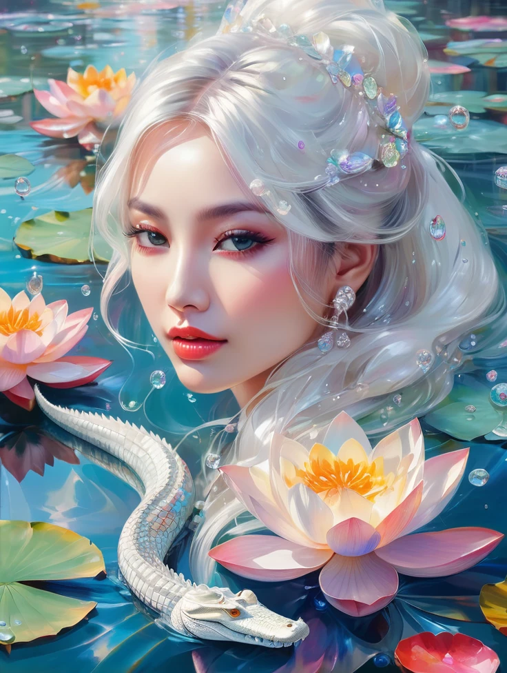 look like karina aespa, a pretty women, white crocodile, lake, lotus, Colorful colors, surrounded by water bubbles, in the style of Kawacy, Masterpiece, Oil painting drawn in realis style, head close - up, exaggerated perspective, Tyndall effect, water drops, mother - of - pearl iridescence, Holographic white,