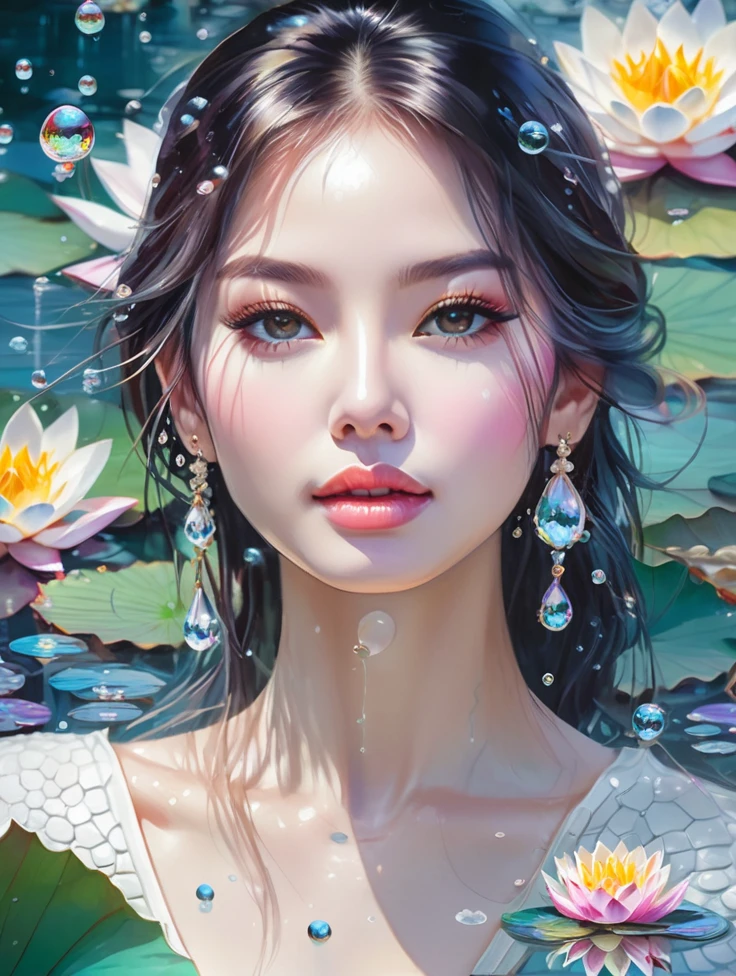look like karina aespa, a pretty women, white crocodile, lake, lotus, Colorful colors, surrounded by water bubbles, in the style of Kawacy, Masterpiece, Oil painting drawn in realis style, head close - up, exaggerated perspective, Tyndall effect, water drops, mother - of - pearl iridescence, Holographic white,