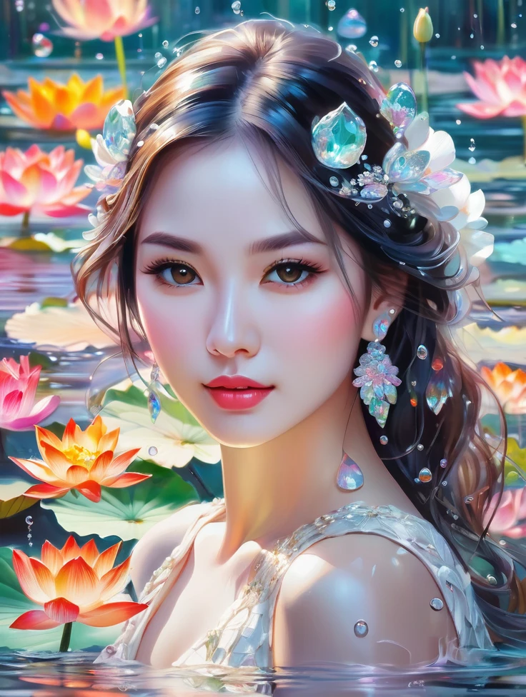 look like karina aespa, a pretty women, white crocodile, lake, lotus, Colorful colors, surrounded by water bubbles, in the style of Kawacy, Masterpiece, Oil painting drawn in realis style, head close - up, exaggerated perspective, Tyndall effect, water drops, mother - of - pearl iridescence, Holographic white,