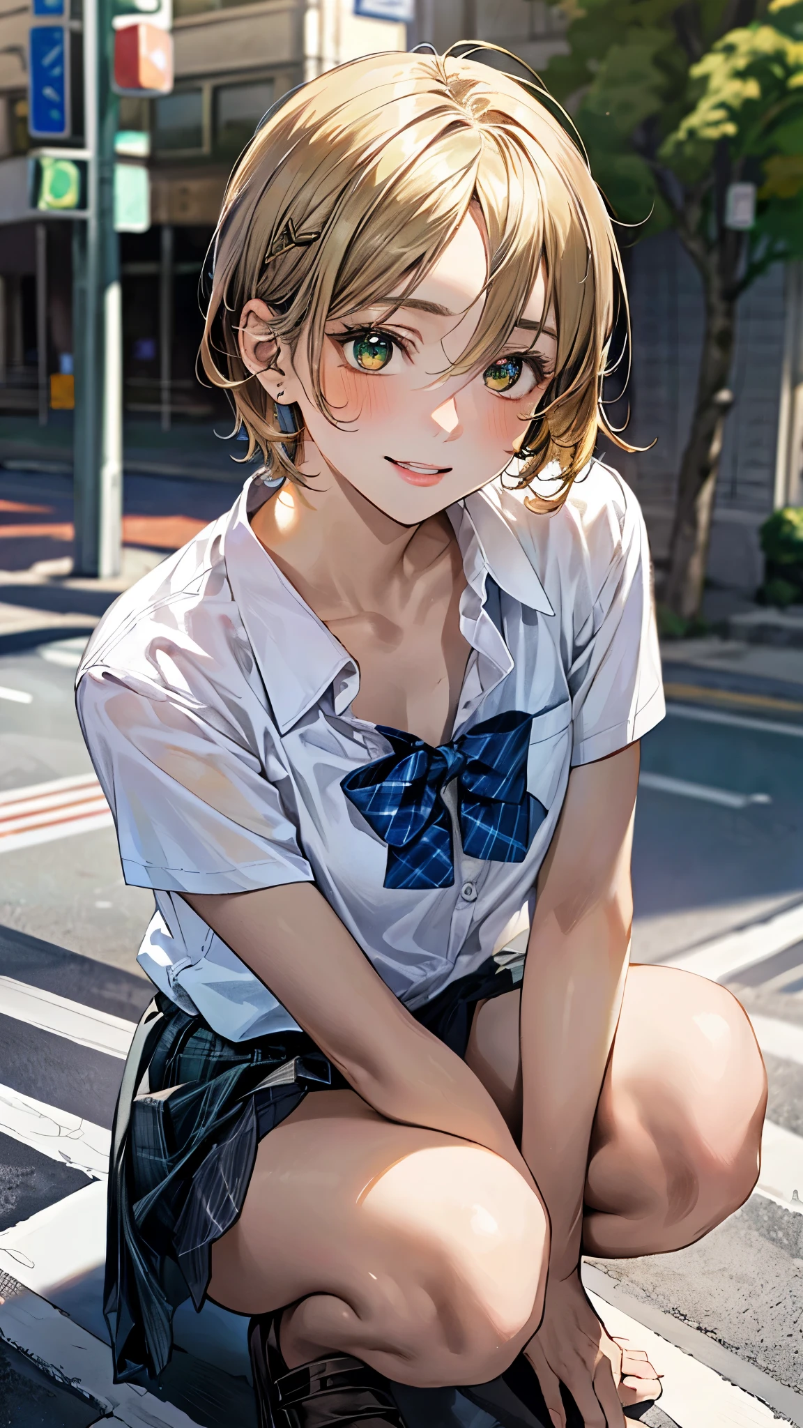 (masterpiece:1.3, top-quality, ultra high res, ultra detailed), (realistic, photorealistic:1.4), beautiful illustration, perfect lighting, natural lighting, colorful, depth of fields, ,
beautiful detailed hair, beautiful detailed face, beautiful detailed eyes, beautiful clavicle, beautiful body, beautiful chest, beautiful thigh, beautiful legs, beautiful fingers, shiny skin,
looking at viewer, 1 girl, high school girl, (perfect anatomy, anatomically correct, super detailed skin), cute and symmetrical face, babyface, perfect face, perfect eyes, , (tiny),
(short hair, curvy hair, yellow ocher hair), swept bangs, hair between eyes, gold, eyes, drooping eyes, big eyes, long eye lasher, (small breasts, thin thighs), skin dendation,
(detailed cloth texture, light green collared shirt, cobalt blue pleated skirt), , break, blue plaid bow tie, break, pink heart hairpin,
(beautiful scenery), day time, (crosswalk:1.1), squatting, (lovely smile, upper eyes, parted lips),