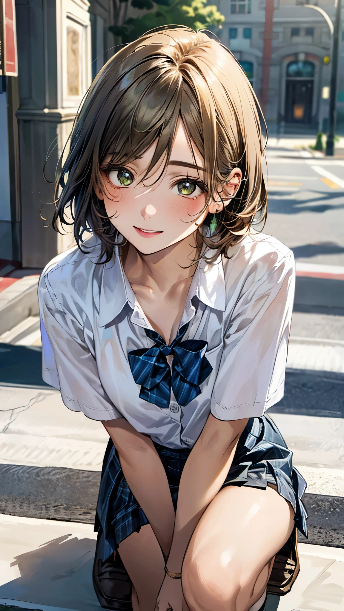 (masterpiece:1.3, top-quality, ultra high res, ultra detailed), (realistic, photorealistic:1.4), beautiful illustration, perfect lighting, natural lighting, colorful, depth of fields, ,
beautiful detailed hair, beautiful detailed face, beautiful detailed eyes, beautiful clavicle, beautiful body, beautiful chest, beautiful thigh, beautiful legs, beautiful fingers, shiny skin,
looking at viewer, 1 girl, high school girl, (perfect anatomy, anatomically correct, super detailed skin), cute and symmetrical face, babyface, perfect face, perfect eyes, , (tiny),
(short hair, curvy hair, yellow ocher hair), swept bangs, hair between eyes, gold, eyes, drooping eyes, big eyes, long eye lasher, (small breasts, thin thighs), skin dendation,
(detailed cloth texture, light green collared shirt, cobalt blue pleated skirt), , break, blue plaid bow tie, break, pink heart hairpin,
(beautiful scenery), day time, (crosswalk:1.1), squatting, (lovely smile, upper eyes, parted lips),