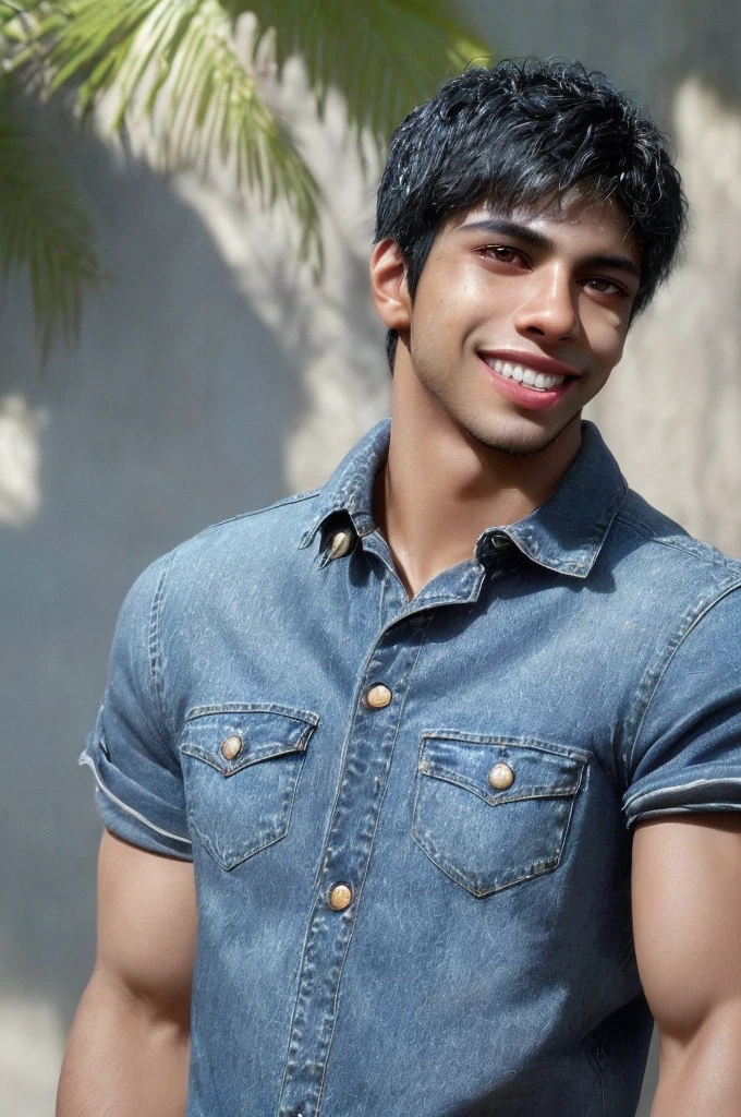 a 23 year old Brazilian mulatto boy with Indian features, short straight black hair, amber eyes, slanted eyes, smiling, defined muscular body, black denim shorts, realistic portrait, ultra-detailed, 8k, HDR, physically-based rendering, vivid colors, cinematic lighting, dramatic shadows, chiaroscuro effect, photorealistic, concept art style